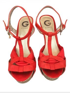 G by GUESS GGCLEAR Coral Red Cork Platform Sandals T-Strap High Heels 7.5